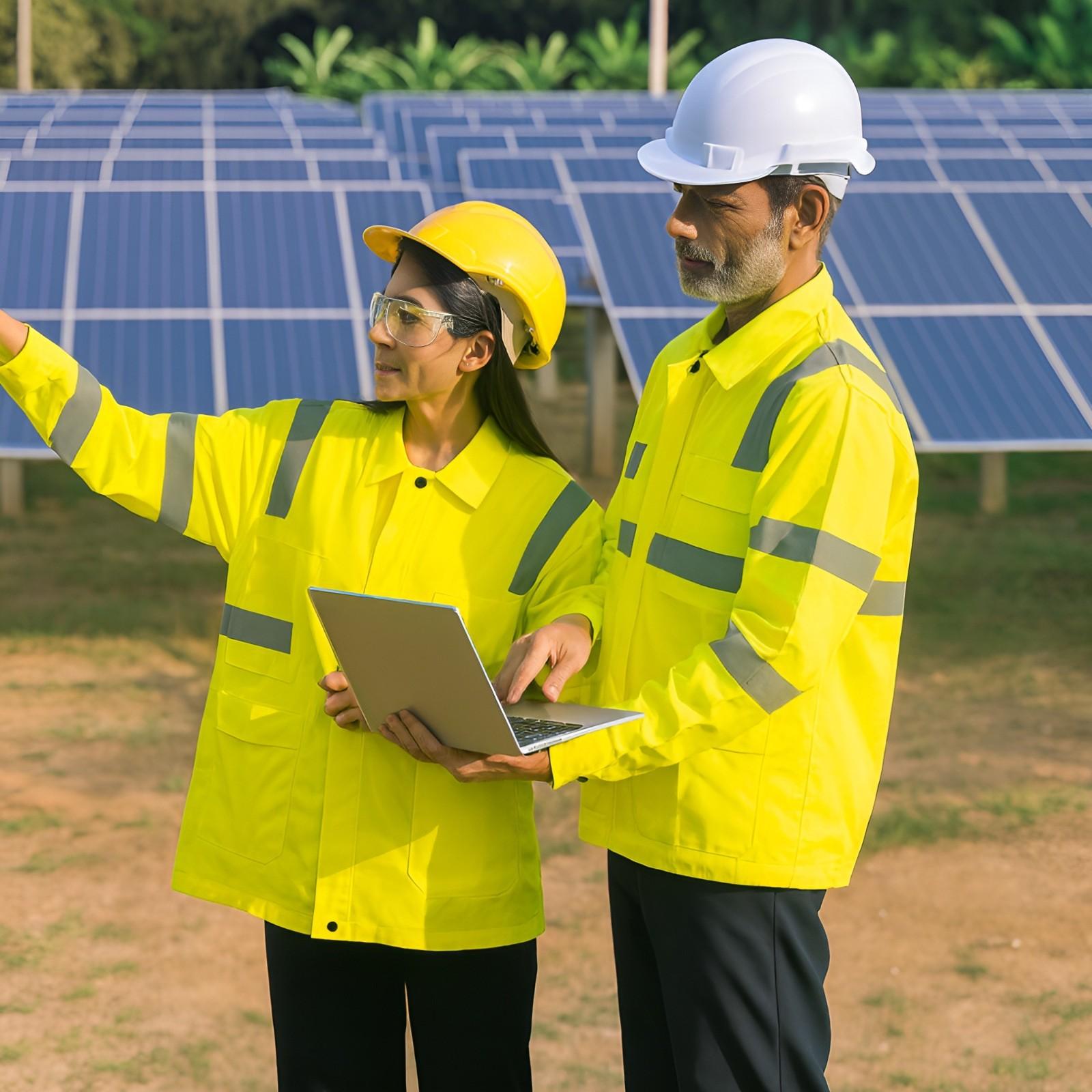 Safety professionals in high-visibility gear reviewing work at solar panel installation